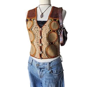 Rare Vintage 70s Hippie Brown Leather Patchwork Crochet Button Up Sweater Vest